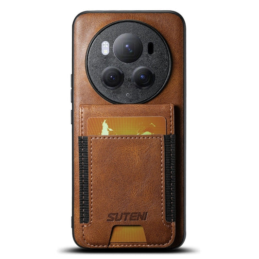Pour Honor Magic6 Pro Suteni H03 Coque de téléphone arrière à rabat en cuir ciré à l'huile (marron)
