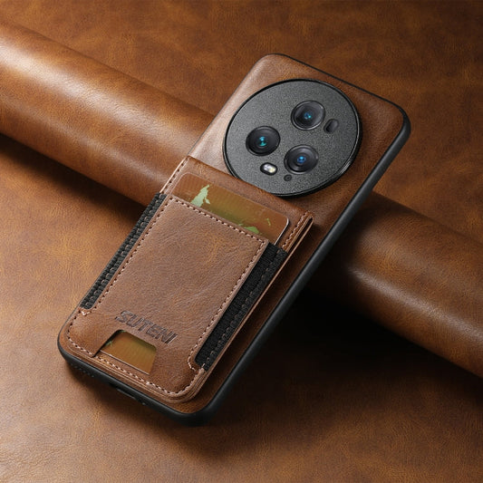 Pour Honor Magic6 Pro Suteni H03 Coque de téléphone arrière à rabat en cuir ciré à l'huile (marron)