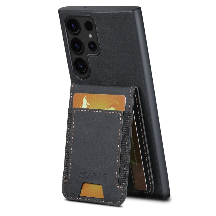 Pour Samsuny Galaxy S23 Ultra 5G Suteni H03 Litchi Étui de Téléphone à Rabat avec Support et Porte-Cartes (Noir)