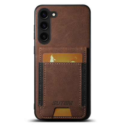 Pour Samsuny Galaxy S23+ 5G Étui de téléphone arrière Suteni H03 en cuir litchi avec porte-cartes et support (marron)