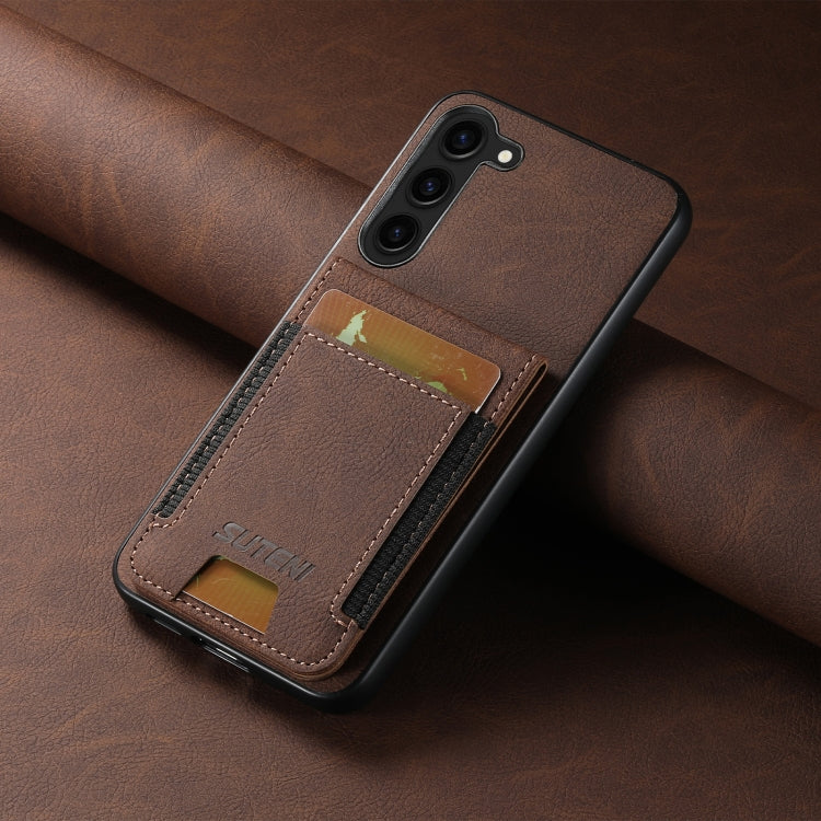 Pour Samsuny Galaxy S23+ 5G Étui de téléphone arrière Suteni H03 en cuir litchi avec porte-cartes et support (marron)