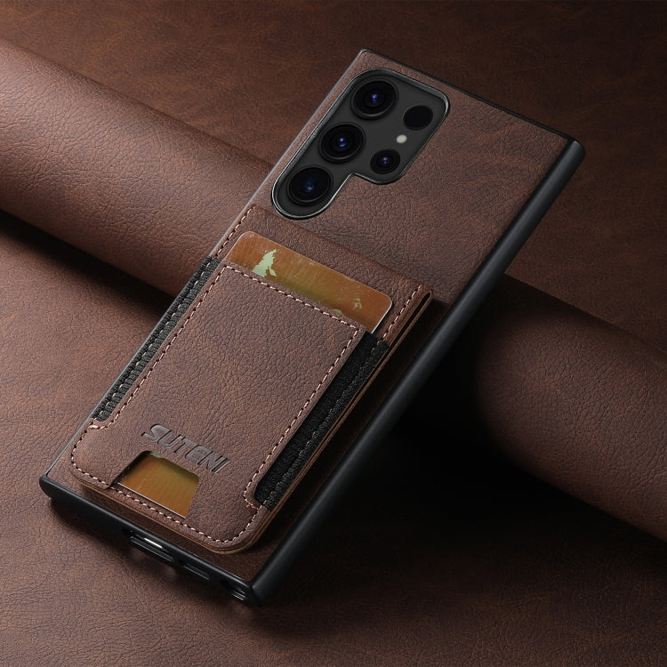 For Samsuny Galaxy S22 Ultra 5G Suteni H03 Litchi Leather Card Bag Stand Back Phone Case(Brown)