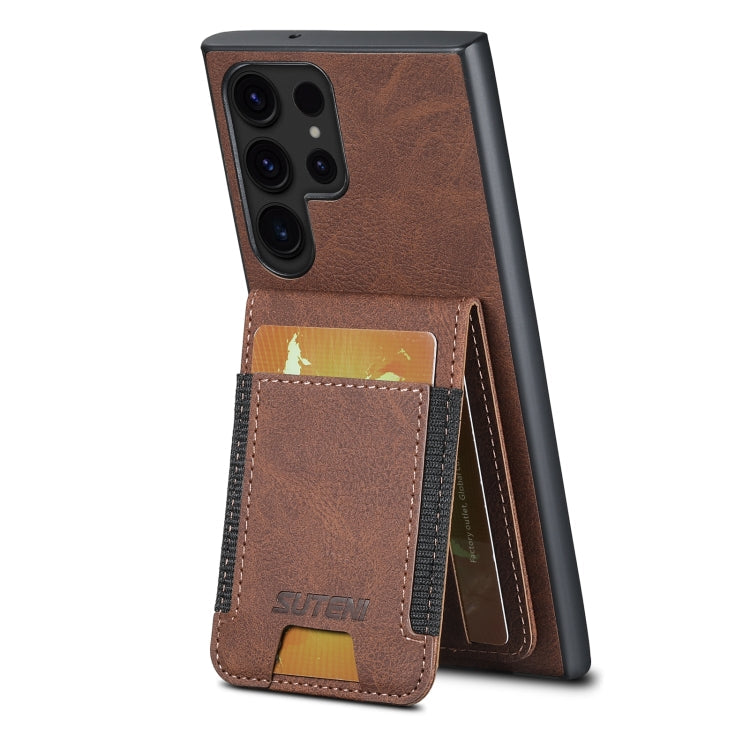 For Samsuny Galaxy S22 Ultra 5G Suteni H03 Litchi Leather Card Bag Stand Back Phone Case(Brown)