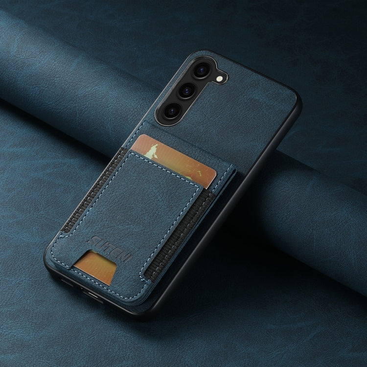Pour Samsung Galaxy S22+ 5G Étui de téléphone arrière Suteni H03 en cuir litchi avec porte-cartes et béquille (Bleu)