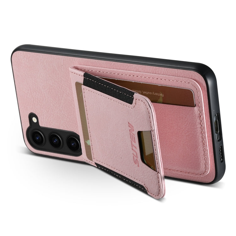 Pour Samsuny Galaxy S22+ 5G Suteni H03 Coque de téléphone arrière en cuir litchi avec porte-cartes (rose)