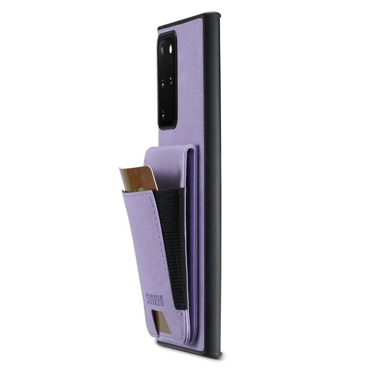 For Samsuny Galaxy Note20 5G Suteni H03 Litchi Leather Card Bag Stand Back Phone Case(Purple)