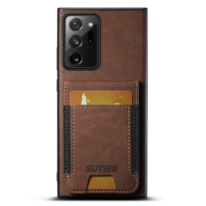Pour Samsung Galaxy Note20 Ultra 5G Étui de téléphone arrière Suteni H03 en cuir litchi avec porte-cartes et support (marron)