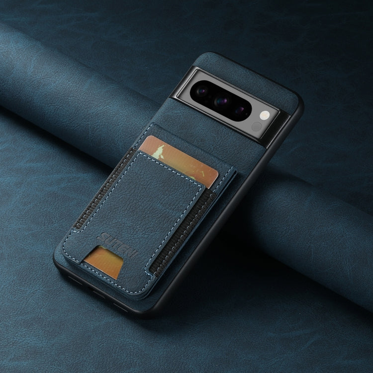 For Google Pixel 8a Suteni H03 Litchi Leather Card Bag Stand Back Phone Case(Blue)