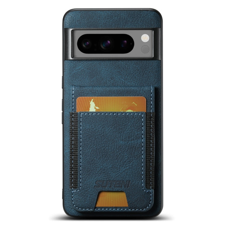 Pour Google Pixel 8 Pro Étui de téléphone arrière Suteni H03 en cuir litchi avec porte-cartes et support (Bleu)