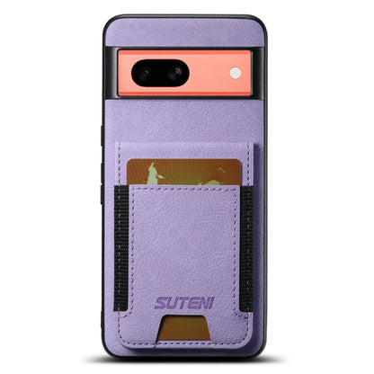 For Google Pixel 7a Suteni H03 Litchi Leather Card Bag Stand Back Phone Case(Purple)
