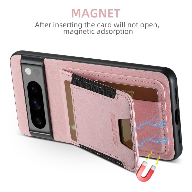 Pour Google Pixel 9 Étui de téléphone arrière Suteni H03 en cuir litchi avec porte-cartes et béquille (rose)