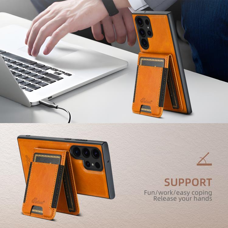 For Samsung Galaxy S25 Ultra 5G Suteni H17 Oil Eax Leather MagSafe Detachable Wallet Phone Case(Khaki)