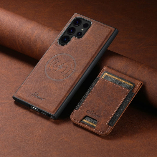 Pour Samsung Galaxy S22 Ultra 5G Suteni H17 Étui portefeuille magnétique détachable en cuir texturé litchi (marron)