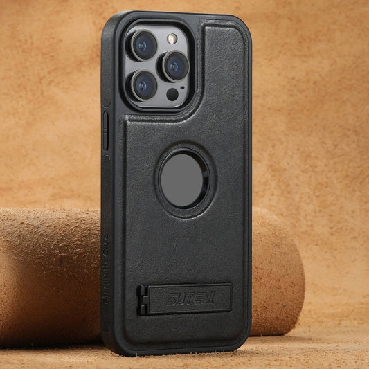 For iPhone 15 Pro Max Suteni G2 Magsafe Oil Wax Leather Back Phone Case with Holder(Black)