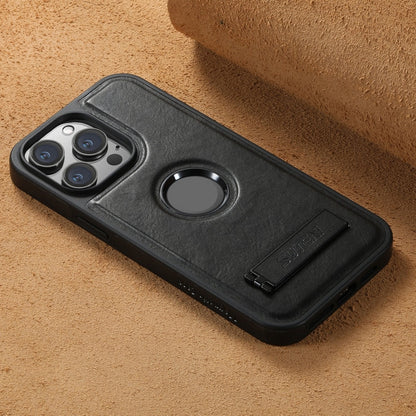 For iPhone 15 Pro Suteni G2 Magsafe Oil Wax Leather Back Phone Case with Holder(Black)
