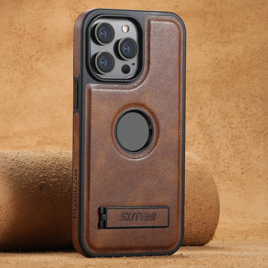 For iPhone 15 Pro Suteni G2 Magsafe Oil Wax Leather Back Phone Case with Holder(Brown)