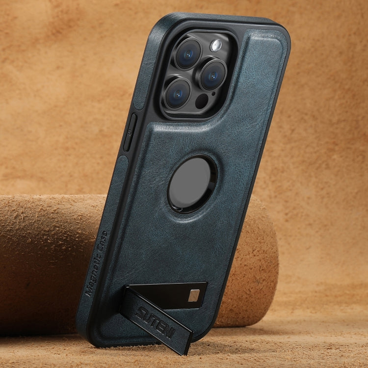 Pour iPhone 15 Pro Étui Suteni G2 Magsafe en cuir huilé avec support (Bleu)
