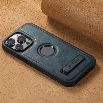 Pour iPhone 15 Pro Étui Suteni G2 Magsafe en cuir huilé avec support (Bleu)