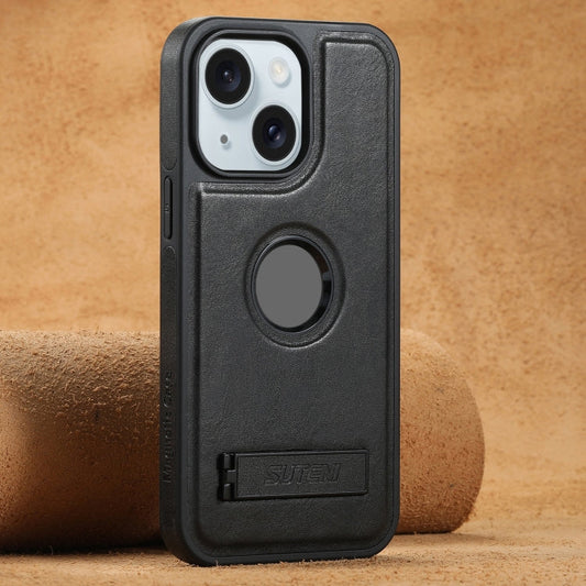 For iPhone 15 Plus Suteni G2 Magsafe Oil Wax Leather Back Phone Case with Holder(Black)