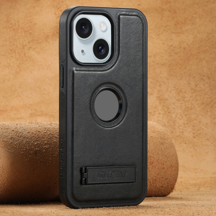 Pour iPhone 15 Coque de téléphone arrière en cuir ciré Suteni G2 Magsafe avec support (noir)