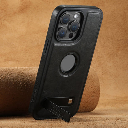 Pour iPhone 15 Coque de téléphone arrière en cuir ciré Suteni G2 Magsafe avec support (noir)