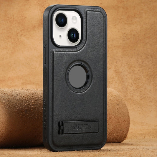 Pour iPhone 14 Plus Étui de téléphone arrière en cuir ciré Suteni G2 Magsafe avec support (noir)
