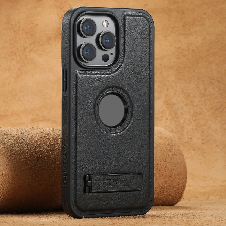 For iPhone 14 Pro Max Suteni G2 Magsafe Oil Wax Leather Back Phone Case with Holder(Black)