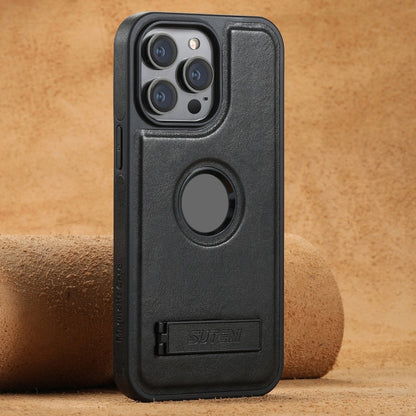 For iPhone 14 Pro Max Suteni G2 Magsafe Oil Wax Leather Back Phone Case with Holder(Black)