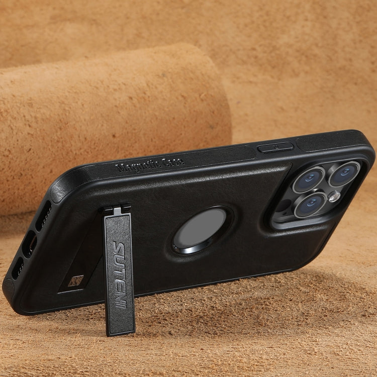 For iPhone 14 Pro Max Suteni G2 Magsafe Oil Wax Leather Back Phone Case with Holder(Black)