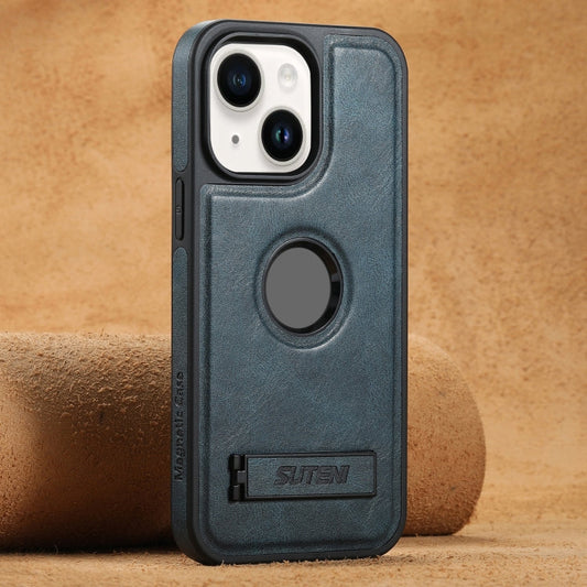 Coque arrière en cuir huilé Suteni G2 Magsafe pour iPhone 13 avec support (bleu)