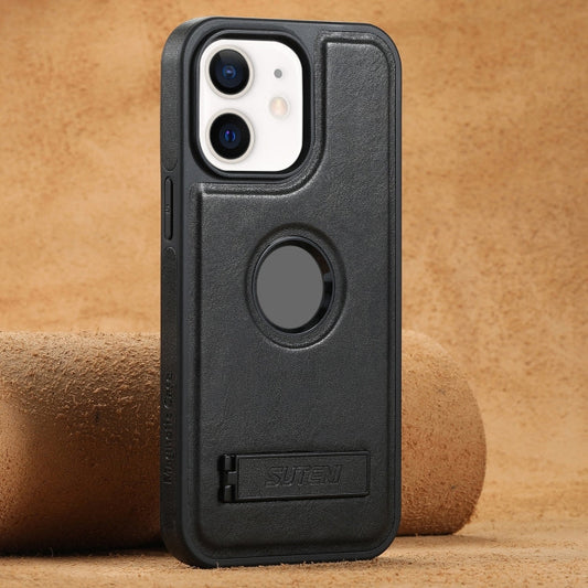 Pour iPhone 12 Étui Suteni G2 Magsafe en cuir huilé avec support (Noir)
