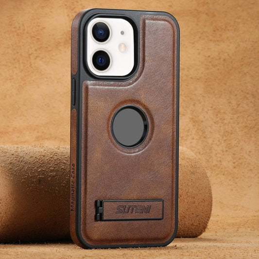 Pour iPhone 12 Étui arrière de téléphone Suteni G2 Magsafe en cuir huilé avec support (marron)