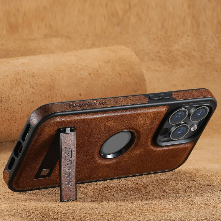 For iPhone 12 Suteni G2 Magsafe Oil Wax Leather Back Phone Case with Holder(Brown)