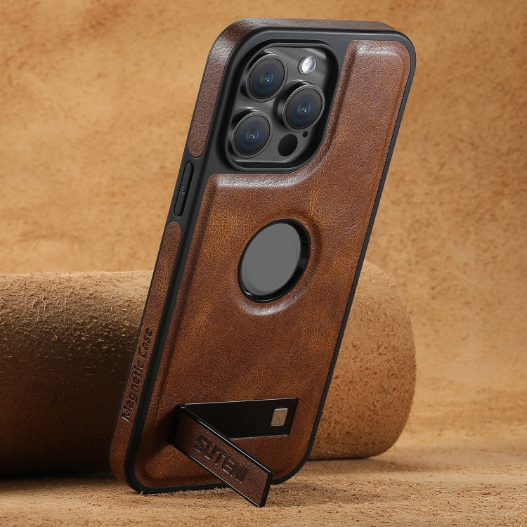 For iPhone 12 Suteni G2 Magsafe Oil Wax Leather Back Phone Case with Holder(Brown)
