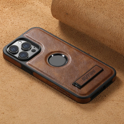 For iPhone 12 Suteni G2 Magsafe Oil Wax Leather Back Phone Case with Holder(Brown)