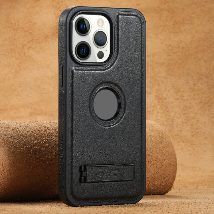 For iPhone 12 Pro Max Suteni G2 Magsafe Oil Wax Leather Back Phone Case with Holder(Black)