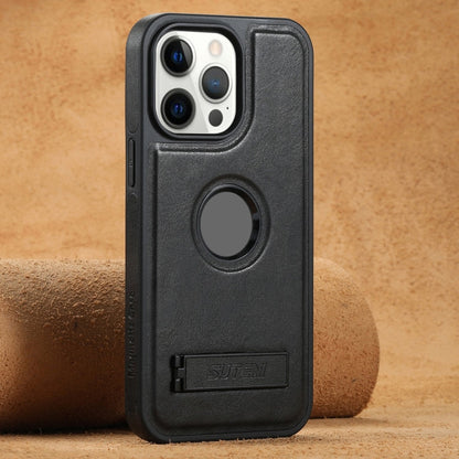 For iPhone 12 Pro Max Suteni G2 Magsafe Oil Wax Leather Back Phone Case with Holder(Black)