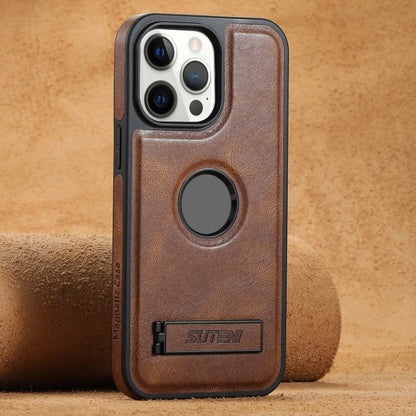 Pour iPhone 12 Pro Étui Suteni G2 Magsafe en Cuir Huilé avec Support (Marron)