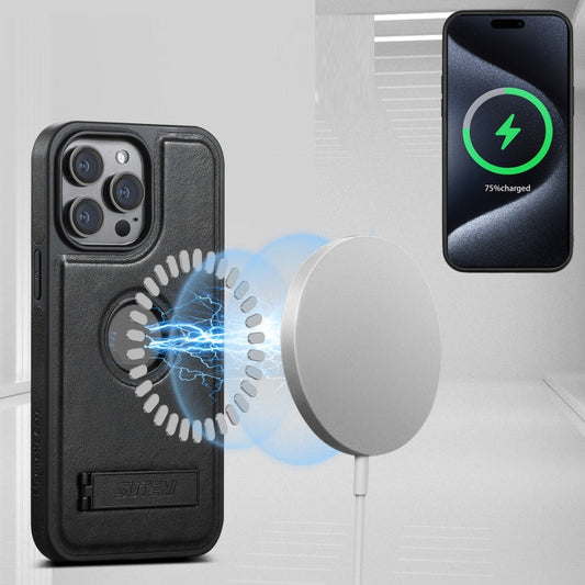 For iPhone 16 Suteni G2 Magsafe Oil Wax Leather Back Phone Case with Holder(Black)