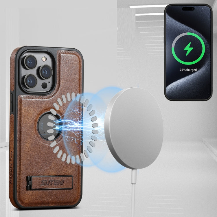 For iPhone 16 Suteni G2 Magsafe Oil Wax Leather Back Phone Case with Holder(Brown)