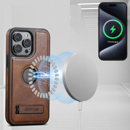 For iPhone 16 Suteni G2 Magsafe Oil Wax Leather Back Phone Case with Holder(Brown)
