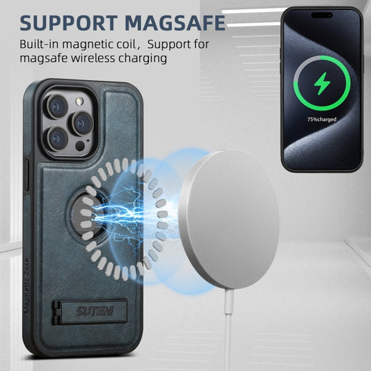 For iPhone 16 Suteni G2 Magsafe Oil Wax Leather Back Phone Case with Holder(Blue)