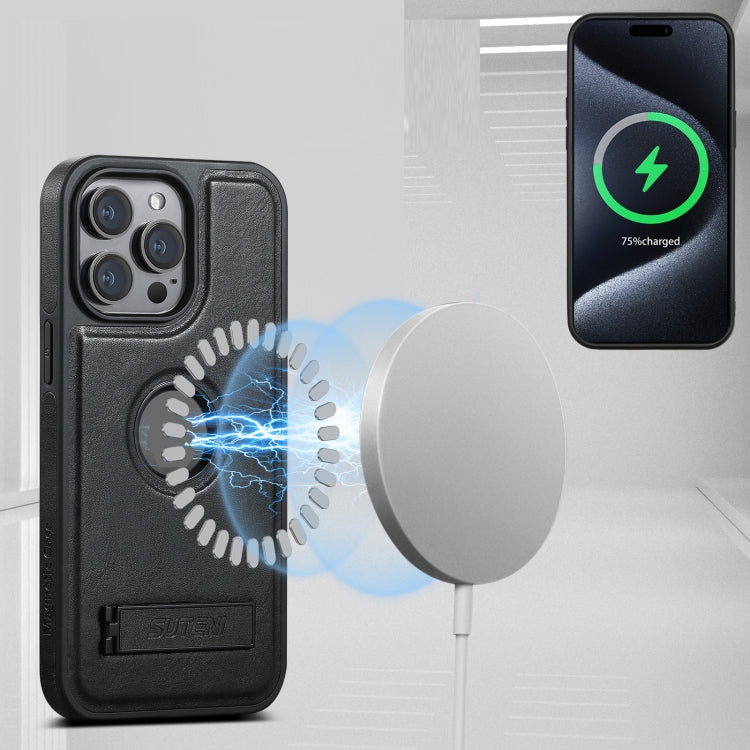 For iPhone 16 Pro Suteni G2 Magsafe Oil Wax Leather Back Phone Case with Holder(Black)