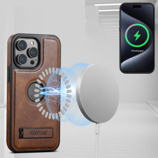 For iPhone 16 Pro Suteni G2 Magsafe Oil Wax Leather Back Phone Case with Holder(Brown)