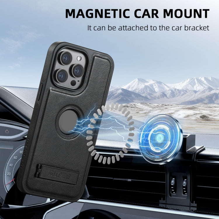 For iPhone 16 Plus Suteni G2 Magsafe Oil Wax Leather Back Phone Case with Holder(Black)