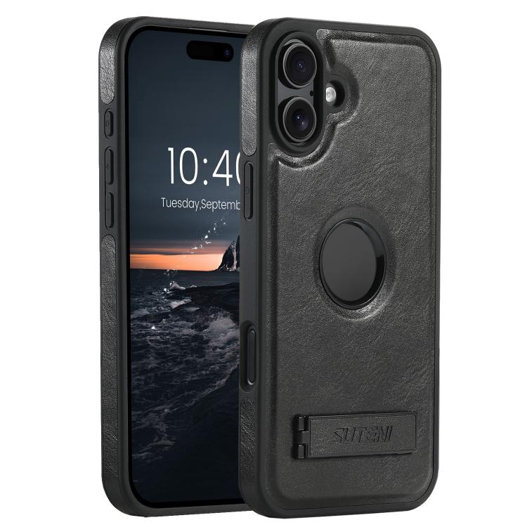 For iPhone 16 Plus Suteni G2 Magsafe Oil Wax Leather Back Phone Case with Holder(Black)