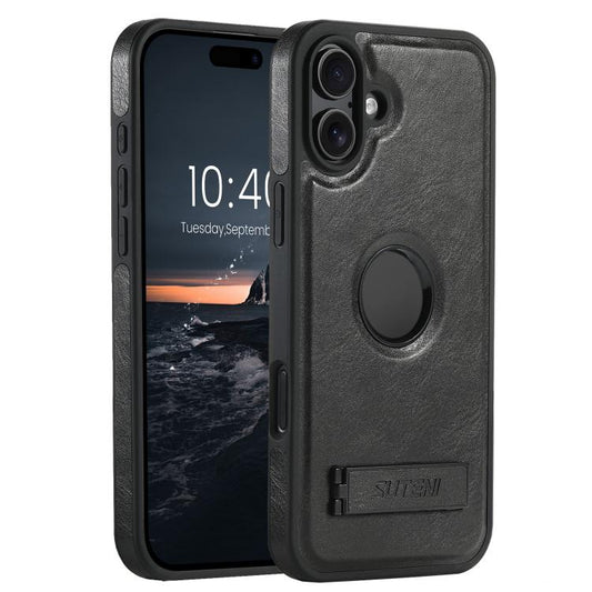 For iPhone 16 Plus Suteni G2 Magsafe Oil Wax Leather Back Phone Case with Holder(Black)
