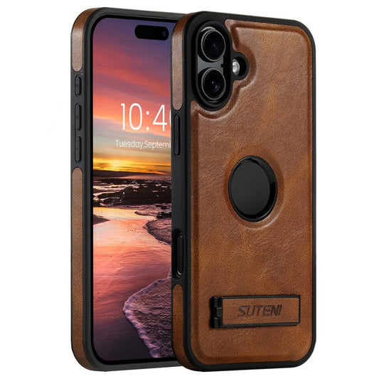 For iPhone 16 Plus Suteni G2 Magsafe Oil Wax Leather Back Phone Case with Holder(Brown)