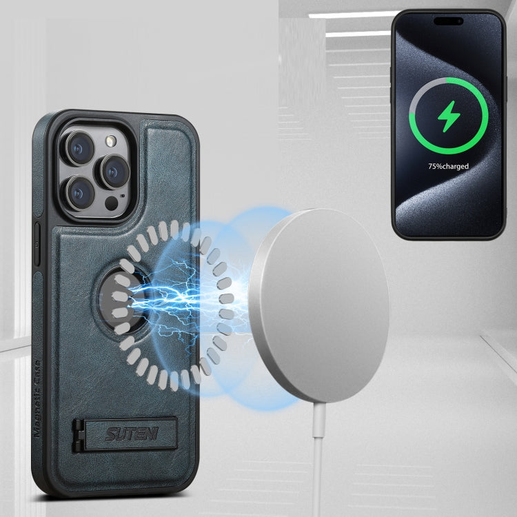 Pour iPhone 16 Plus Suteni G2 Coque de Téléphone Arrière en Cuir Ciré Magsafe avec Support (Bleu)