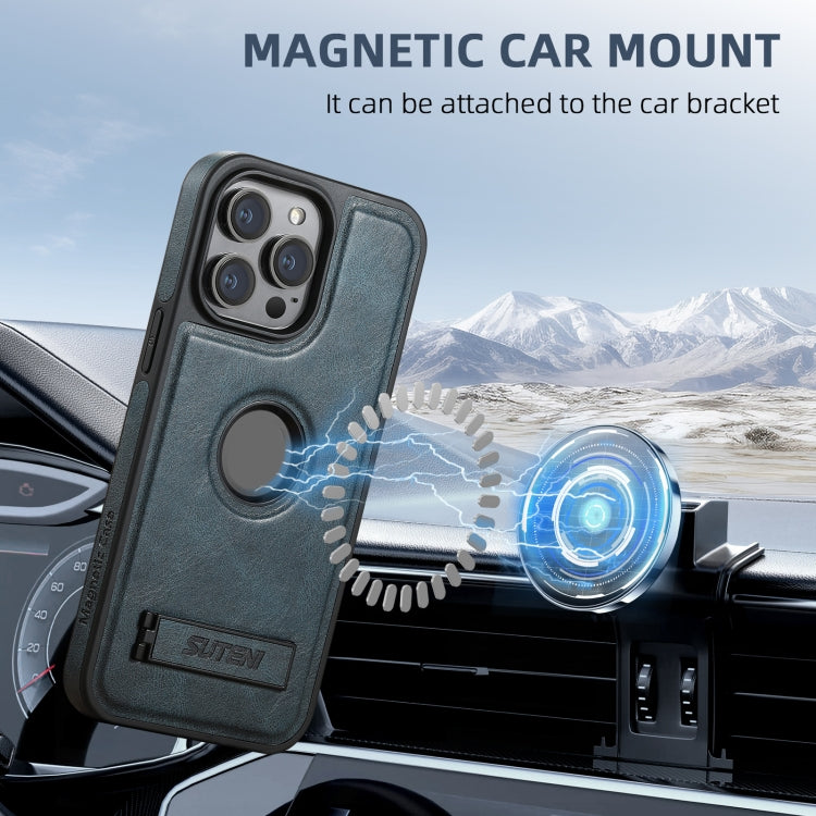 Pour iPhone 16 Plus Suteni G2 Coque de Téléphone Arrière en Cuir Ciré Magsafe avec Support (Bleu)